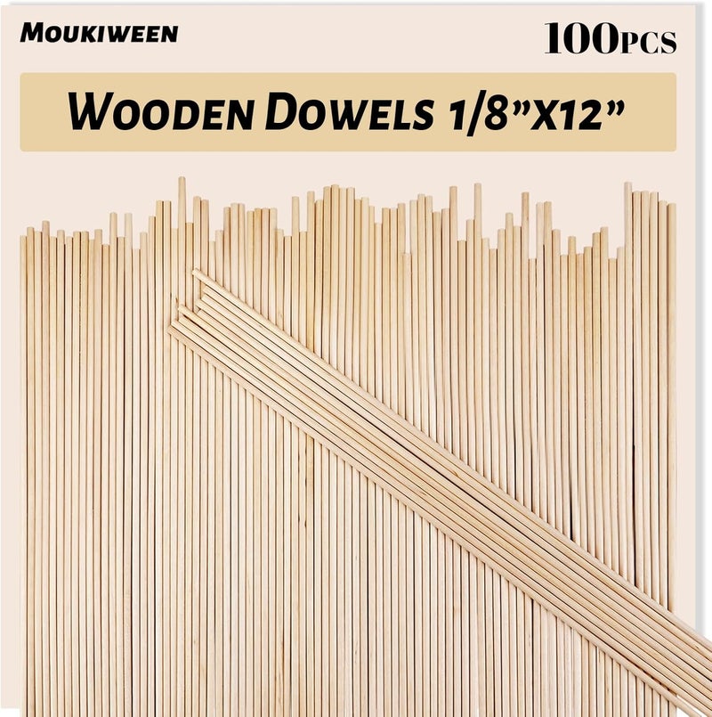 Moukiween Wooden Dowel Rods, 100PCS 1/8 x 12 Inch Round Wooden Sticks for Arts Crafts, Home Decor, Cake Support, Photo Booth Props, Unfinished Natural Hardwood Sticks - Image 1